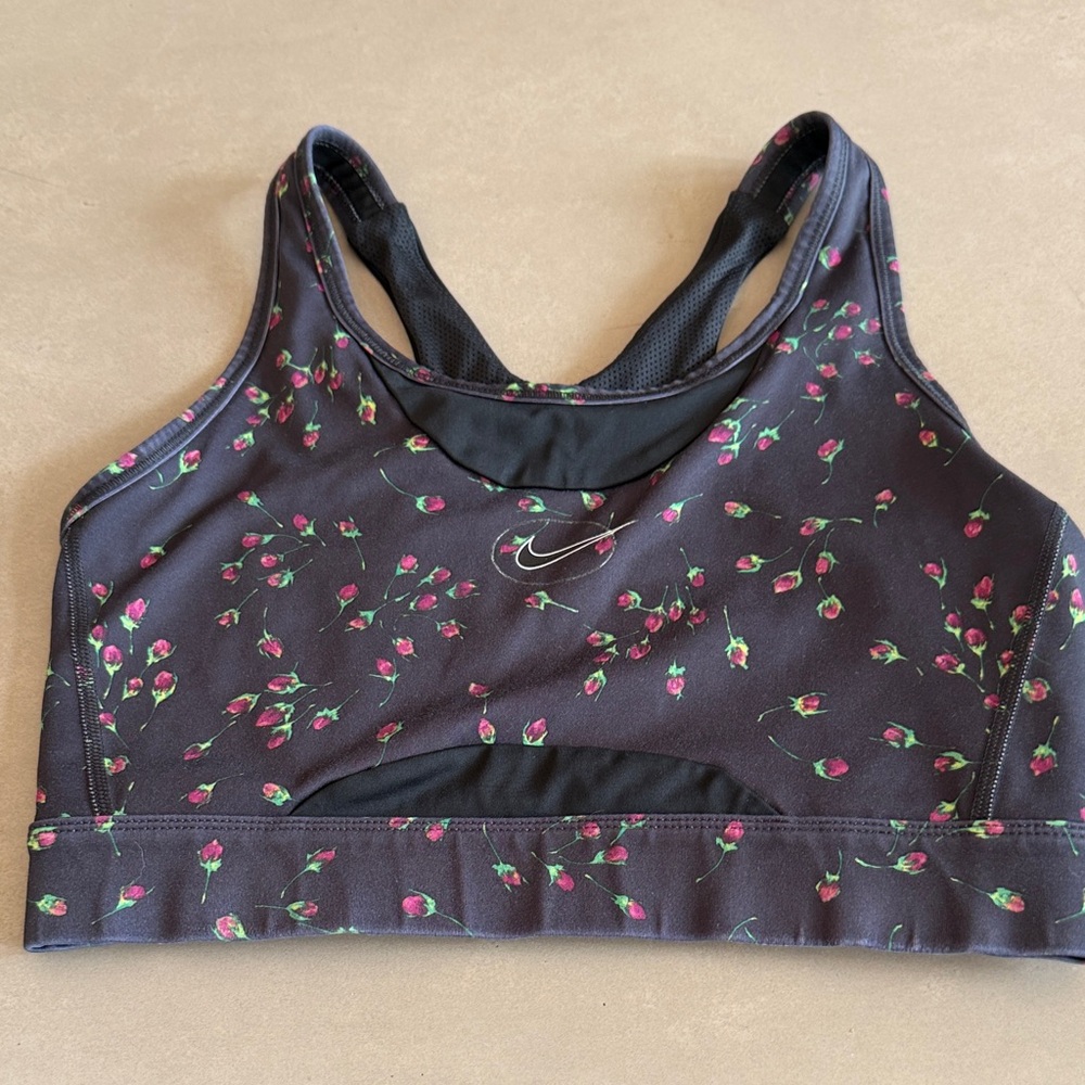 Nike Women's Black Sports Bra with Pink Floral Accents